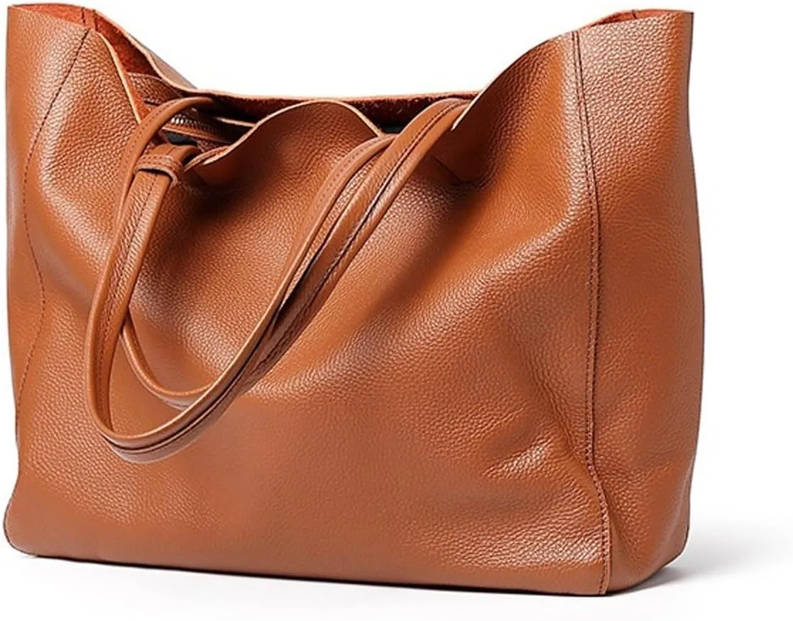 Shoulder Bag Genuine Leather Shoulder Bags for Women Large Real Cowhide Handbags Stylish Bucket Tote Bags(Orange)