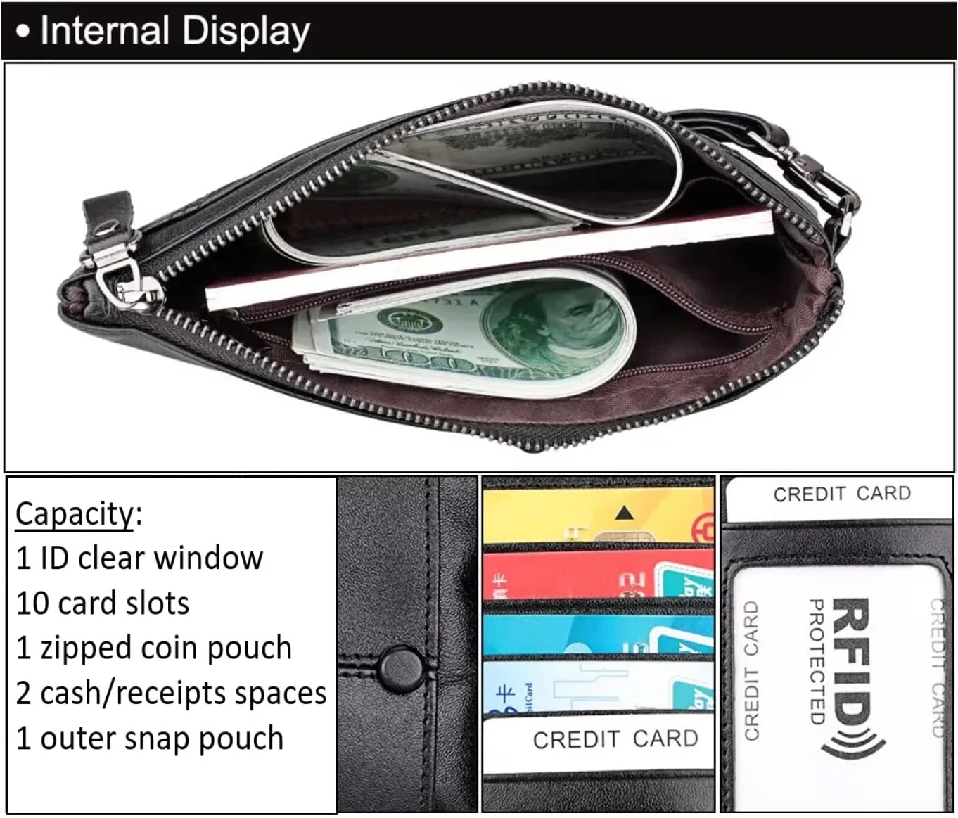 Slim Long Wallet Wristlet For Women Men Genuine Cow Leather Rfid Anti-Theft Fashion Purse Clutch Bags Handbag Phone Bag (B02 Black)