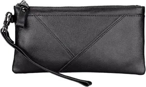 Slim Long Wallet Wristlet For Women Men Genuine Cow Leather Rfid Anti-Theft Fashion Purse Clutch Bags Handbag Phone Bag (B02 Black)
