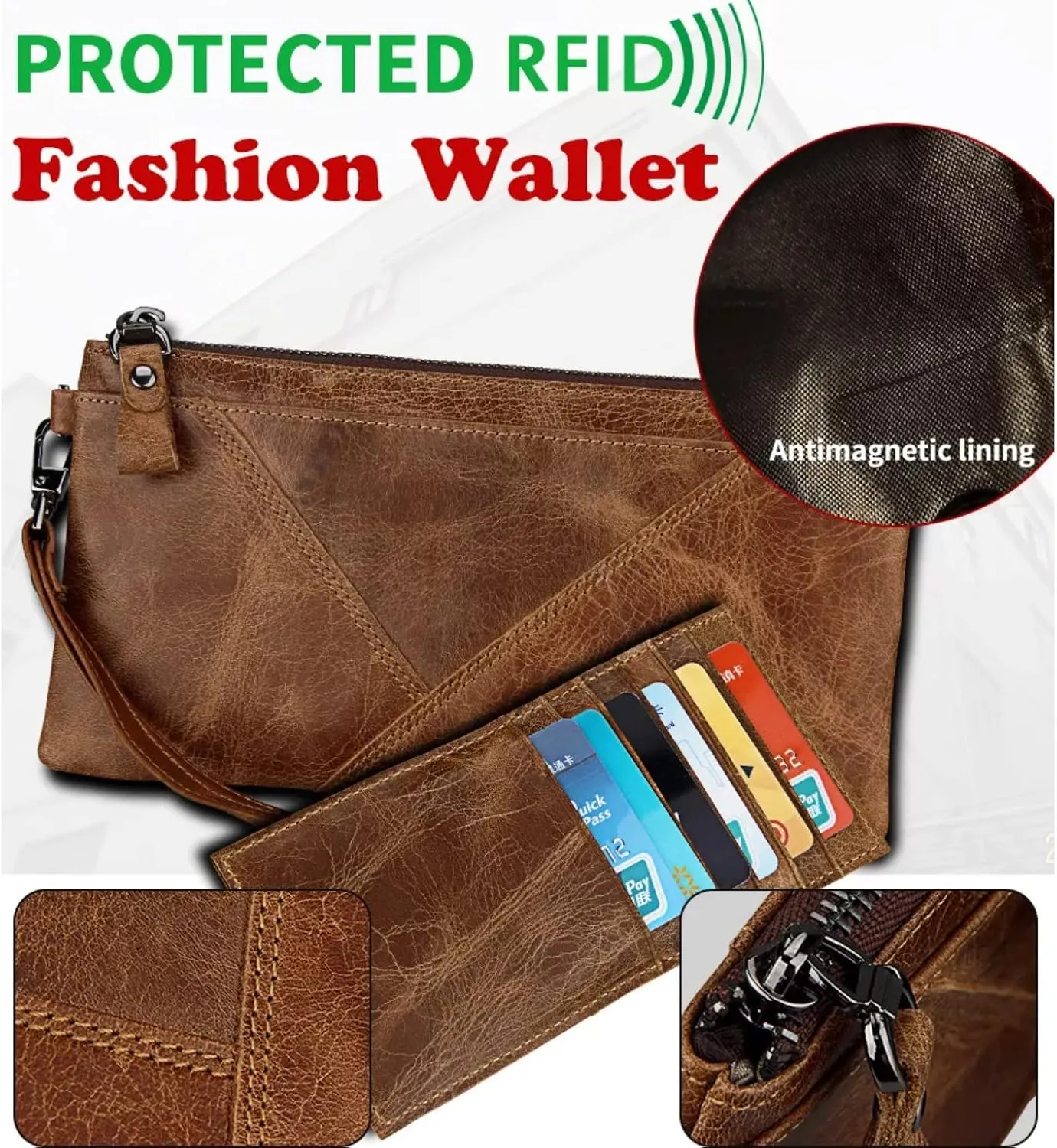Slim Long Wallet Wristlet For Women Men Genuine Cow Leather Rfid Anti-Theft Fashion Purse Clutch Bags Handbag Phone Bag (B02 Black)
