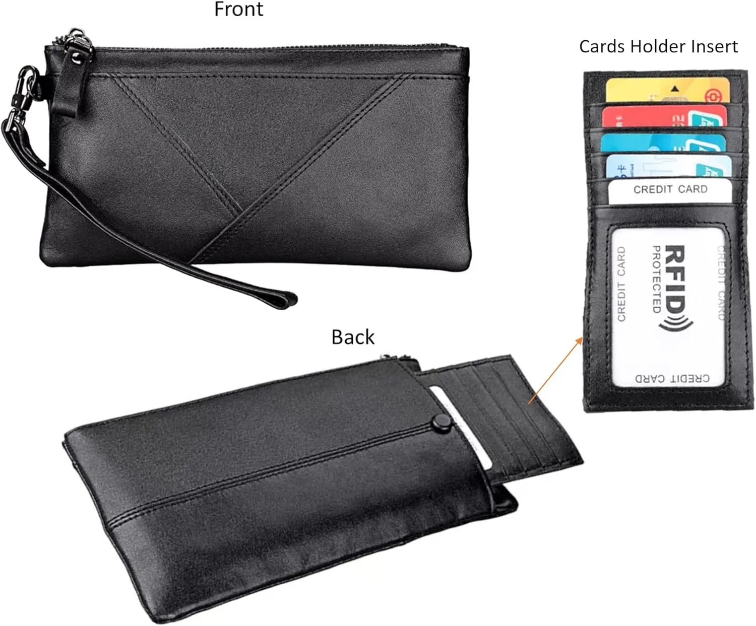Slim Long Wallet Wristlet For Women Men Genuine Cow Leather Rfid Anti-Theft Fashion Purse Clutch Bags Handbag Phone Bag (B02 Black)