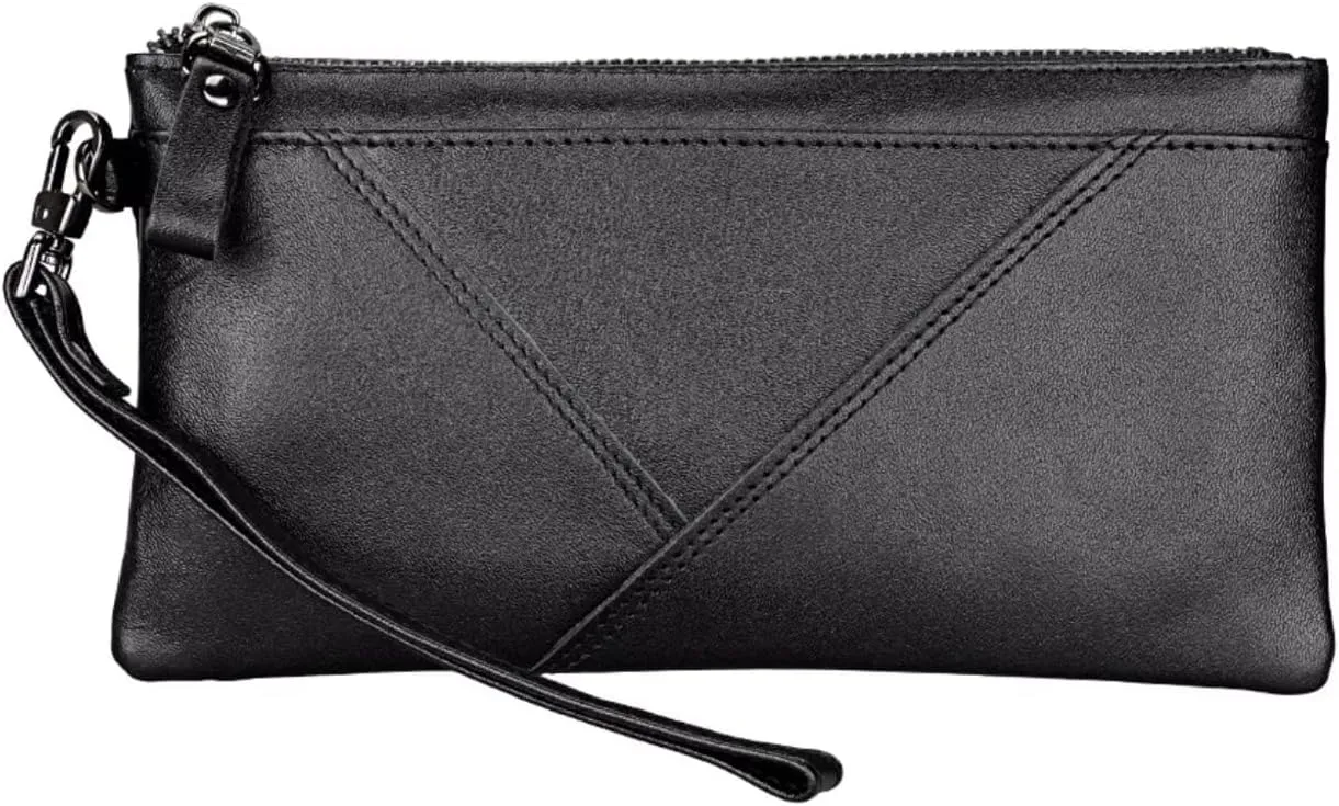 Slim Long Wallet Wristlet For Women Men Genuine Cow Leather Rfid Anti-Theft Fashion Purse Clutch Bags Handbag Phone Bag (B02 Black)