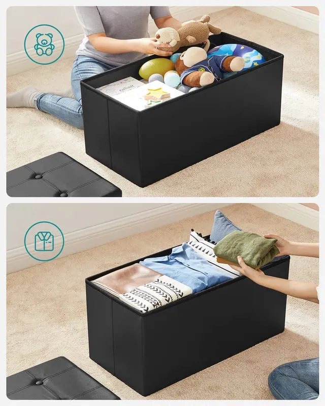 SONGMICS 30 Inches Faux Leather Folding Storage Ottoman Bench, Storage Chest Footrest Coffee Table Padded Seat, Black ULSF105