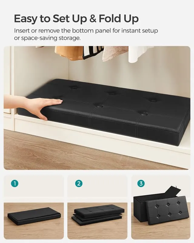 SONGMICS 30 Inches Faux Leather Folding Storage Ottoman Bench, Storage Chest Footrest Coffee Table Padded Seat, Black ULSF105