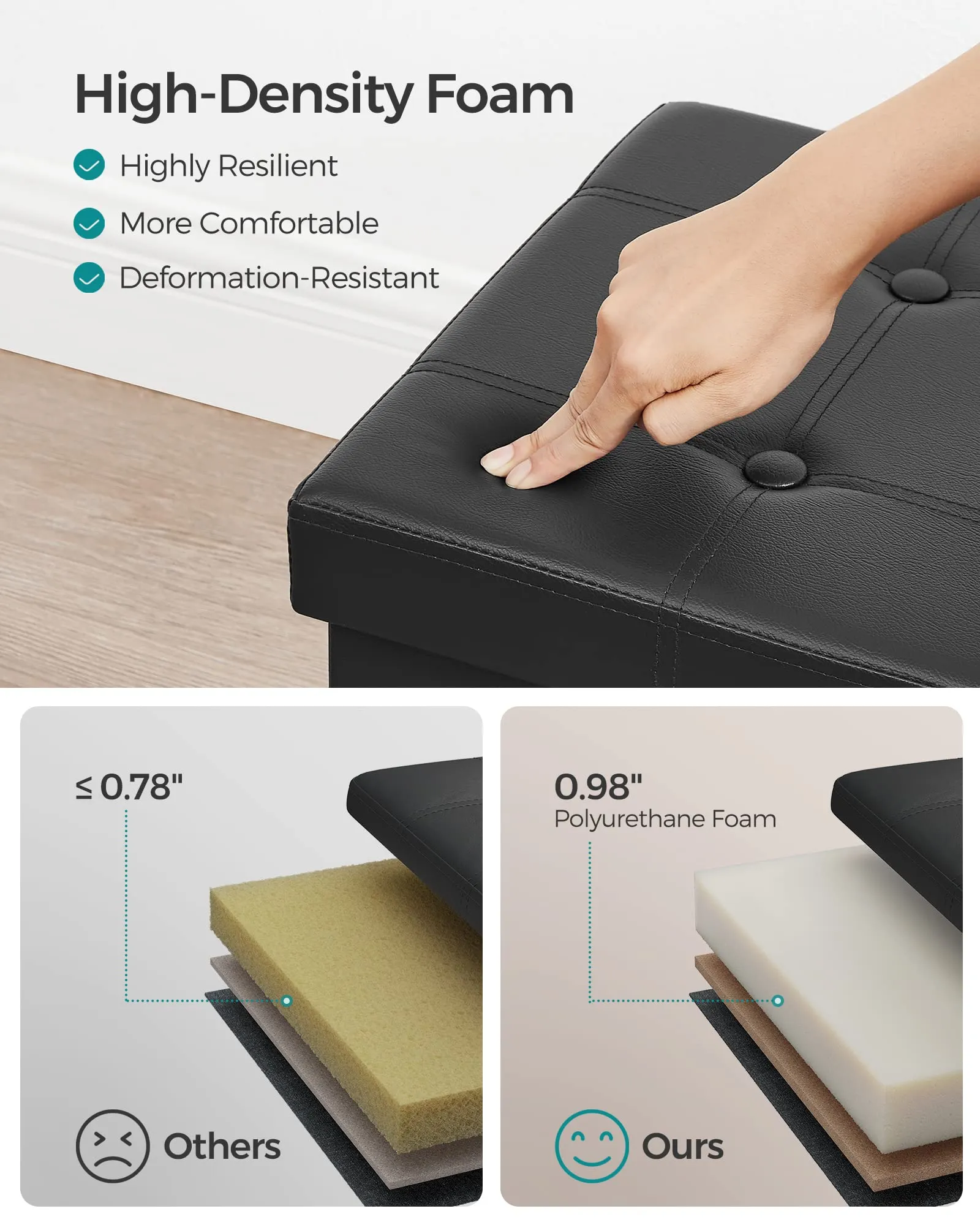 SONGMICS 30 Inches Faux Leather Folding Storage Ottoman Bench, Storage Chest Footrest Coffee Table Padded Seat, Black ULSF105
