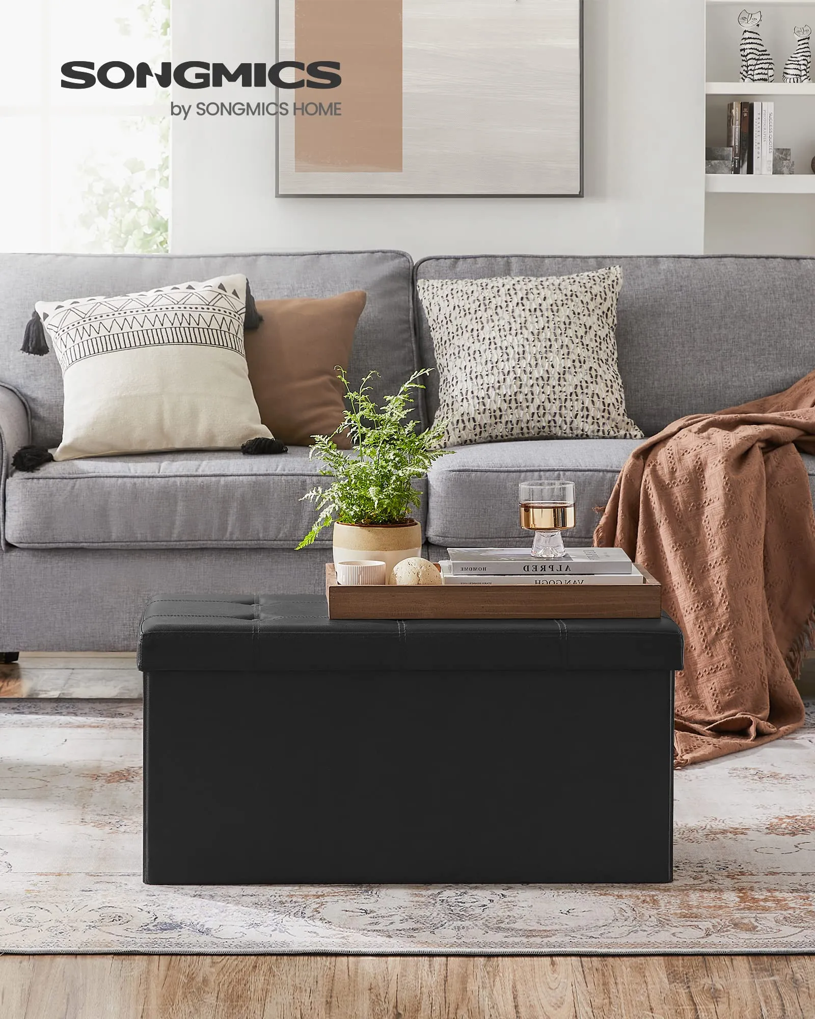 SONGMICS 30 Inches Faux Leather Folding Storage Ottoman Bench, Storage Chest Footrest Coffee Table Padded Seat, Black ULSF105