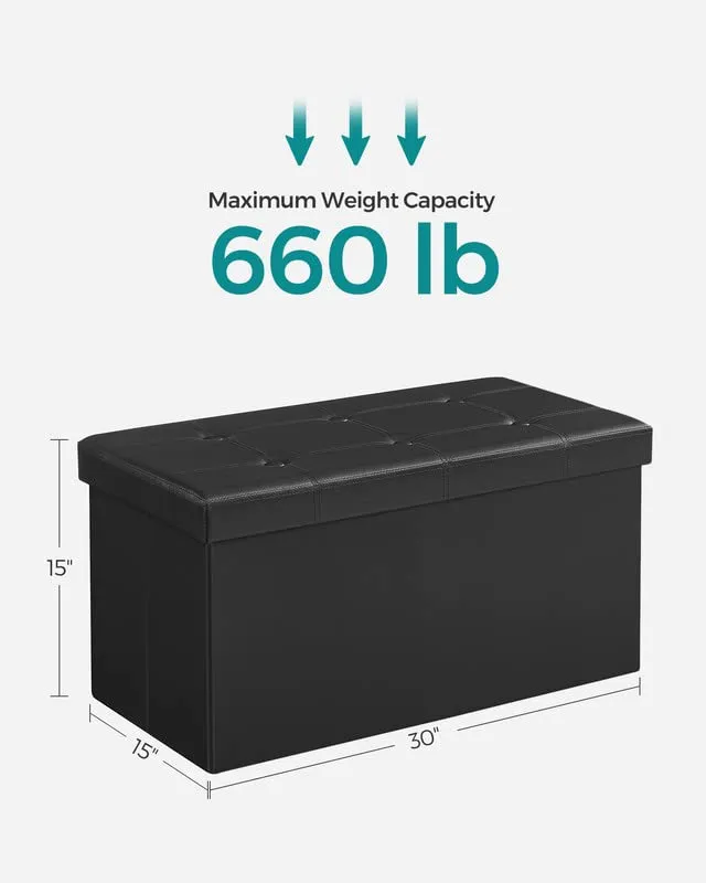 SONGMICS 30 Inches Faux Leather Folding Storage Ottoman Bench, Storage Chest Footrest Coffee Table Padded Seat, Black ULSF105