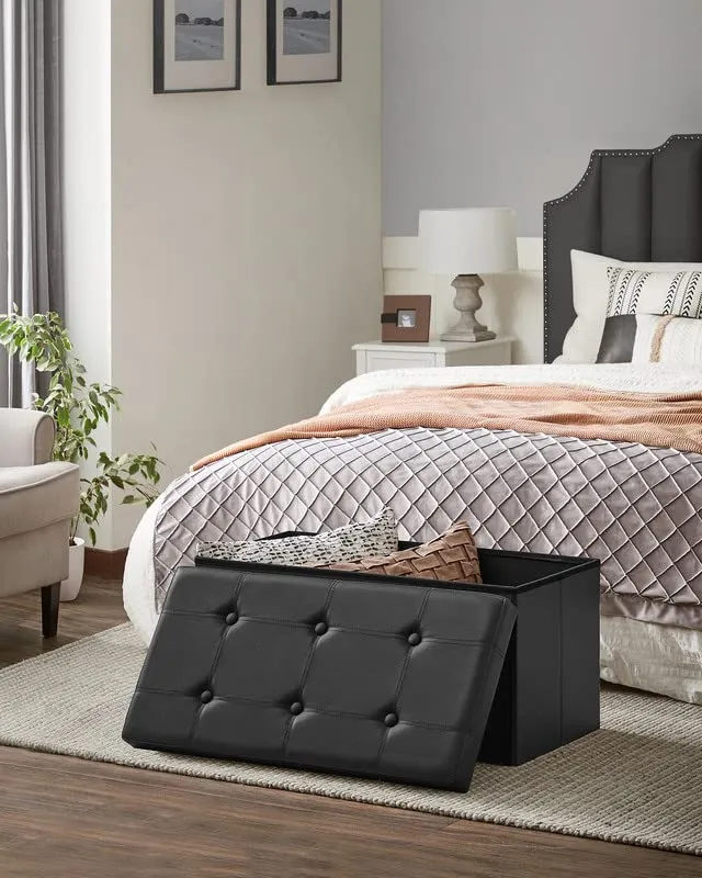 SONGMICS 30 Inches Faux Leather Folding Storage Ottoman Bench, Storage Chest Footrest Coffee Table Padded Seat, Black ULSF105