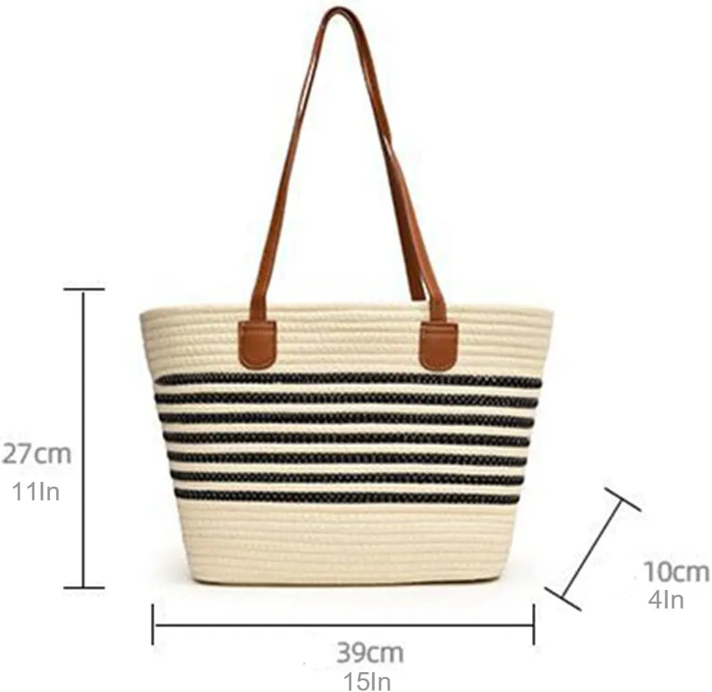 Straw Beach Tote Bag for Women Thick Canvas Grocery Tote Bags with Bottle Sleeves, Large Reusable Shopping Bags