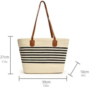 Straw Beach Tote Bag for Women Thick Canvas Grocery Tote Bags with Bottle Sleeves, Large Reusable Shopping Bags