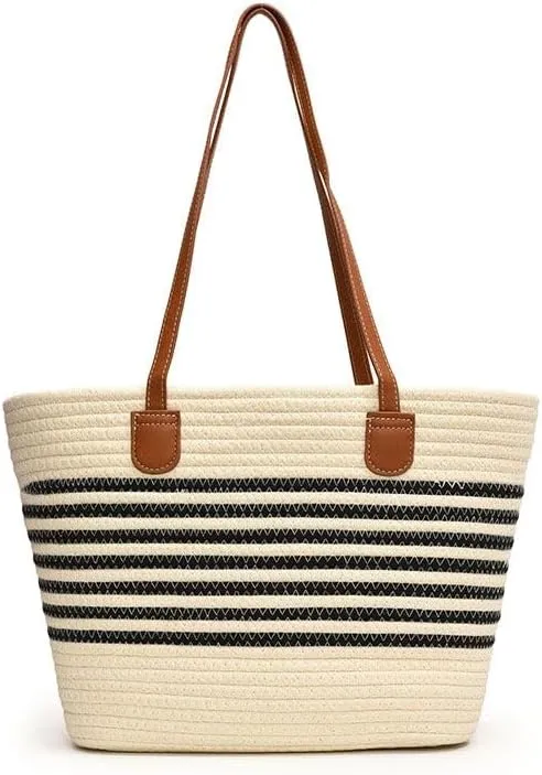 Straw Beach Tote Bag for Women Thick Canvas Grocery Tote Bags with Bottle Sleeves, Large Reusable Shopping Bags