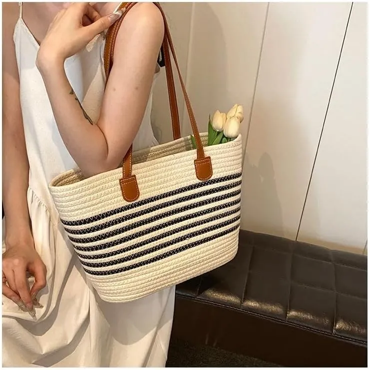 Straw Beach Tote Bag for Women Thick Canvas Grocery Tote Bags with Bottle Sleeves, Large Reusable Shopping Bags