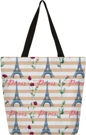 Striped Paris Tower Roses Large Capacity Canvas Tote Bag Stylish Handheld Shoulder Bag Reusable Shopping Bag for Work Travel Beach Trips Shopping