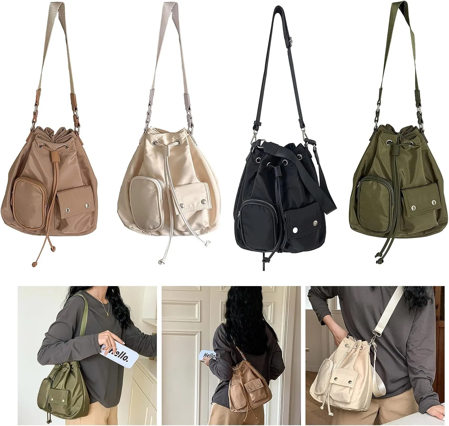 Stylish Drawstring Bucket Bag for Women Fashion Nylon Shoulder Bags Large Capacity Top Handle Crossbody Bag