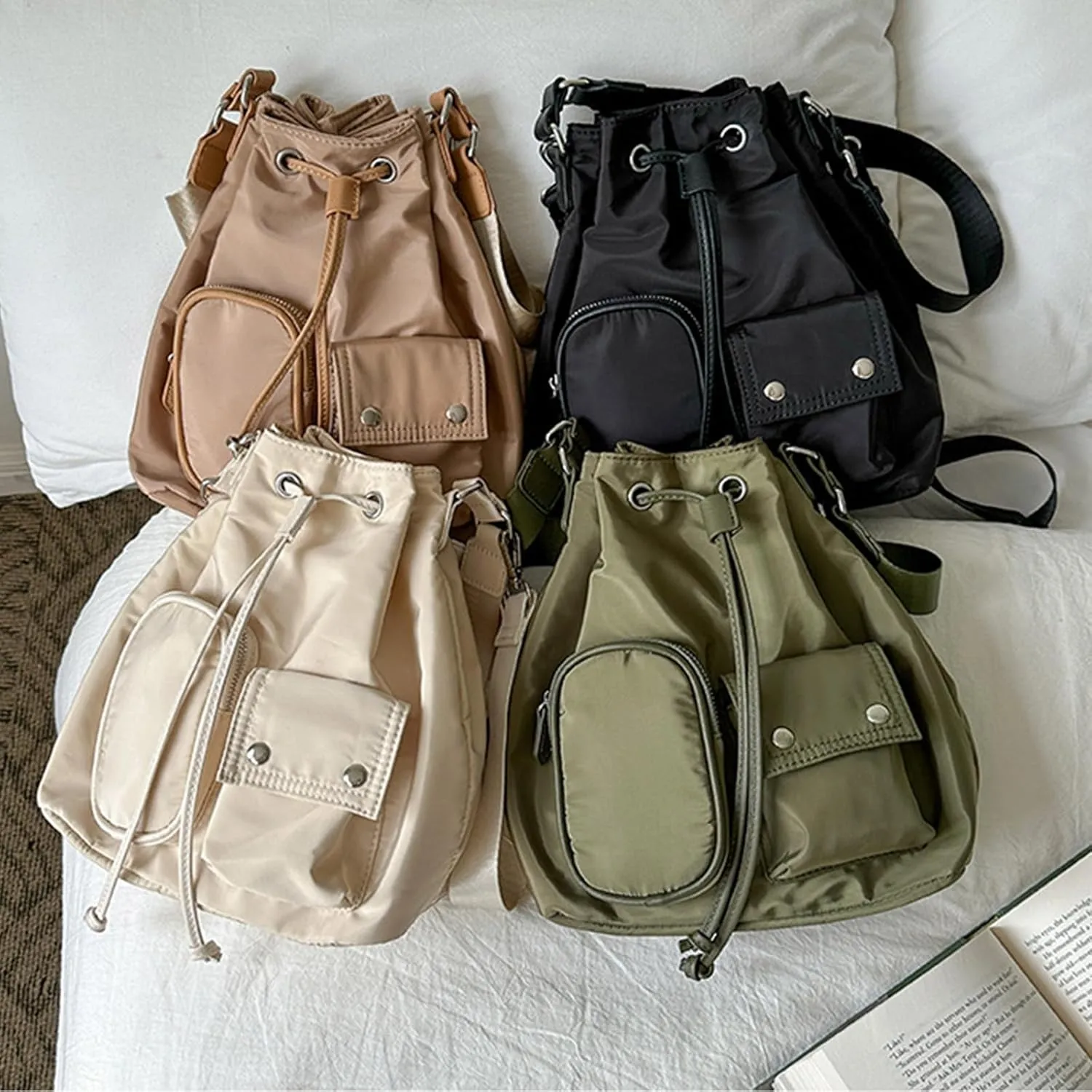 Stylish Drawstring Bucket Bag for Women Fashion Nylon Shoulder Bags Large Capacity Top Handle Crossbody Bag