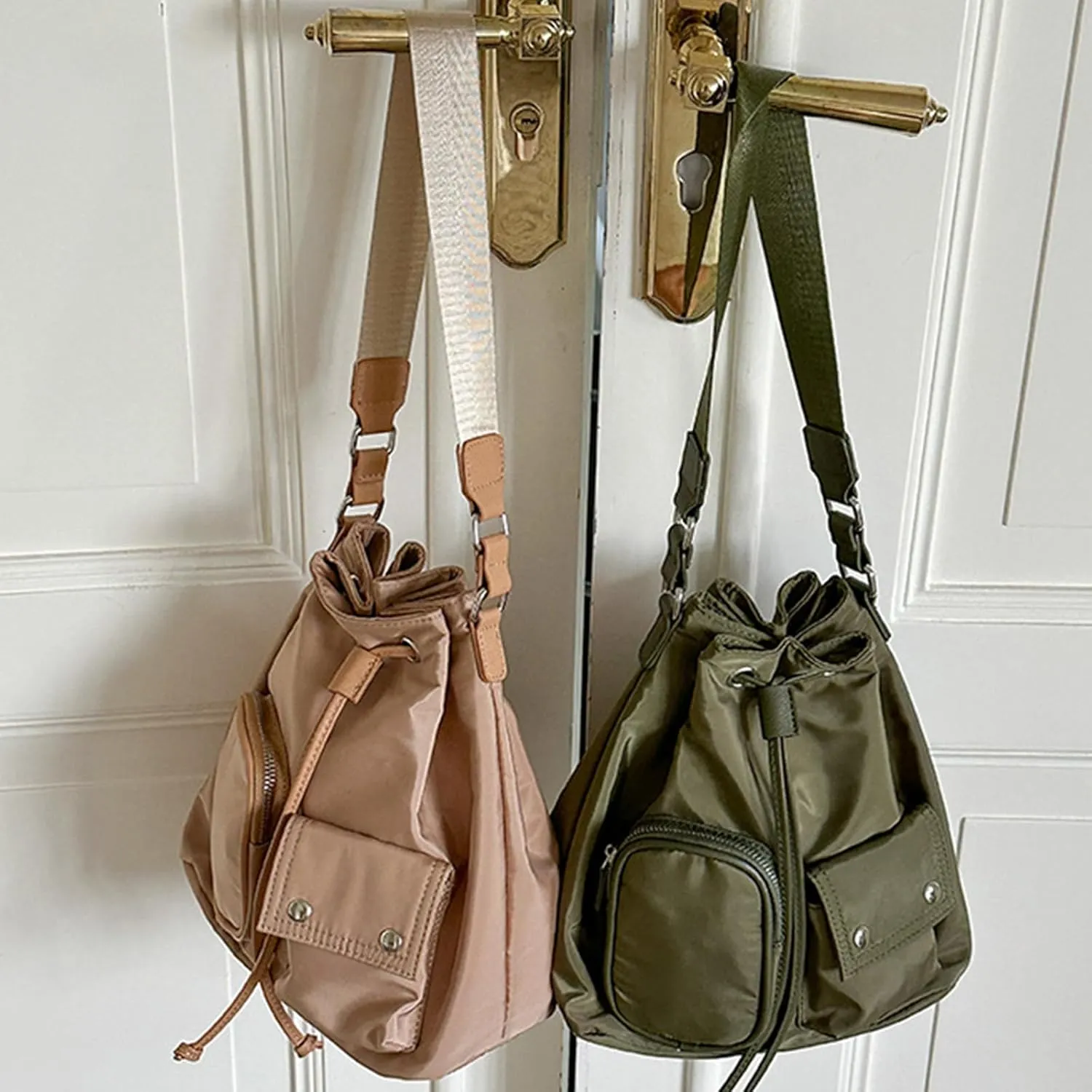Stylish Drawstring Bucket Bag for Women Fashion Nylon Shoulder Bags Large Capacity Top Handle Crossbody Bag