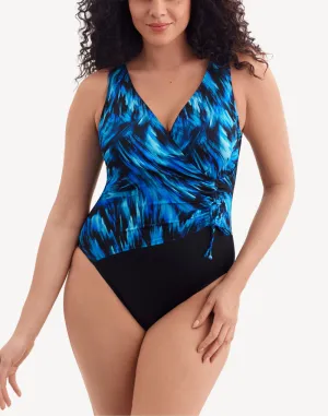 Summer Waves Faux Tie Long Torso One Piece Swimsuit