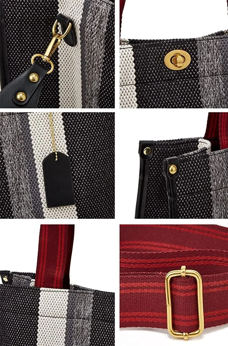 Tote Bag Hobo Bag for Women Canvas Shoulder Bags Chic Crossbody Bag Satchel Large Handbag Color Contrast Stripe