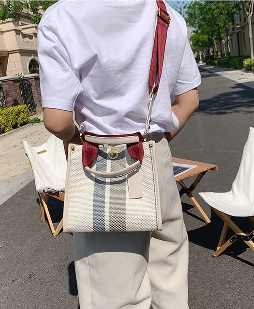 Tote Bag Hobo Bag for Women Canvas Shoulder Bags Chic Crossbody Bag Satchel Large Handbag Color Contrast Stripe