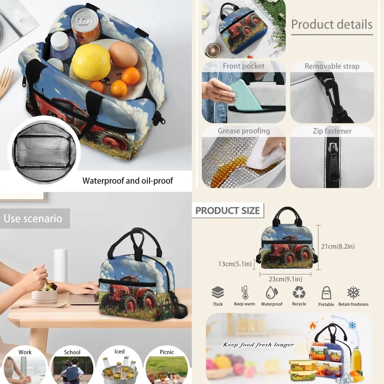Tractor Backpack and Lunchbox Portable Cool Boys Bookbag Age 6-8 Versatile Insulated Lunch Bag for Kids Hot Food Lightweight Pre School Back Pack Set of 4