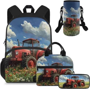 Tractor Backpack and Lunchbox Portable Cool Boys Bookbag Age 6-8 Versatile Insulated Lunch Bag for Kids Hot Food Lightweight Pre School Back Pack Set of 4