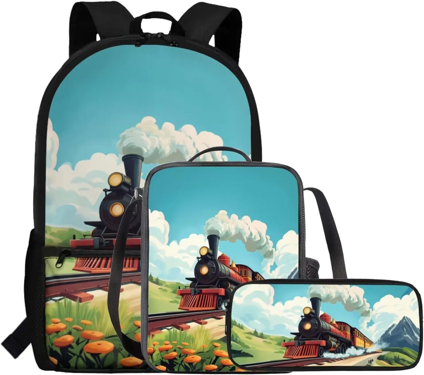 Train Backpack for Boys Cool Lightweight Insulated Lunch Bag Kids Versatile 17 Inch Bookbag for Boys 8-12 Personalized Zippered Pencil Case 3 in 1