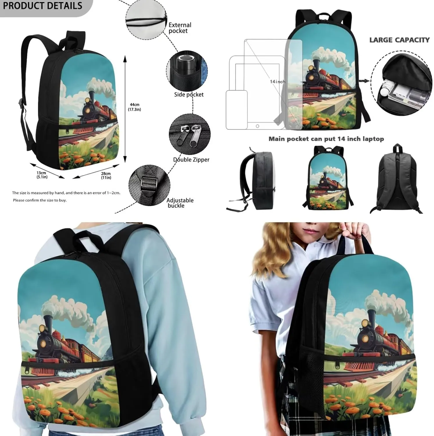 Train Backpack for Boys Cool Lightweight Insulated Lunch Bag Kids Versatile 17 Inch Bookbag for Boys 8-12 Personalized Zippered Pencil Case 3 in 1