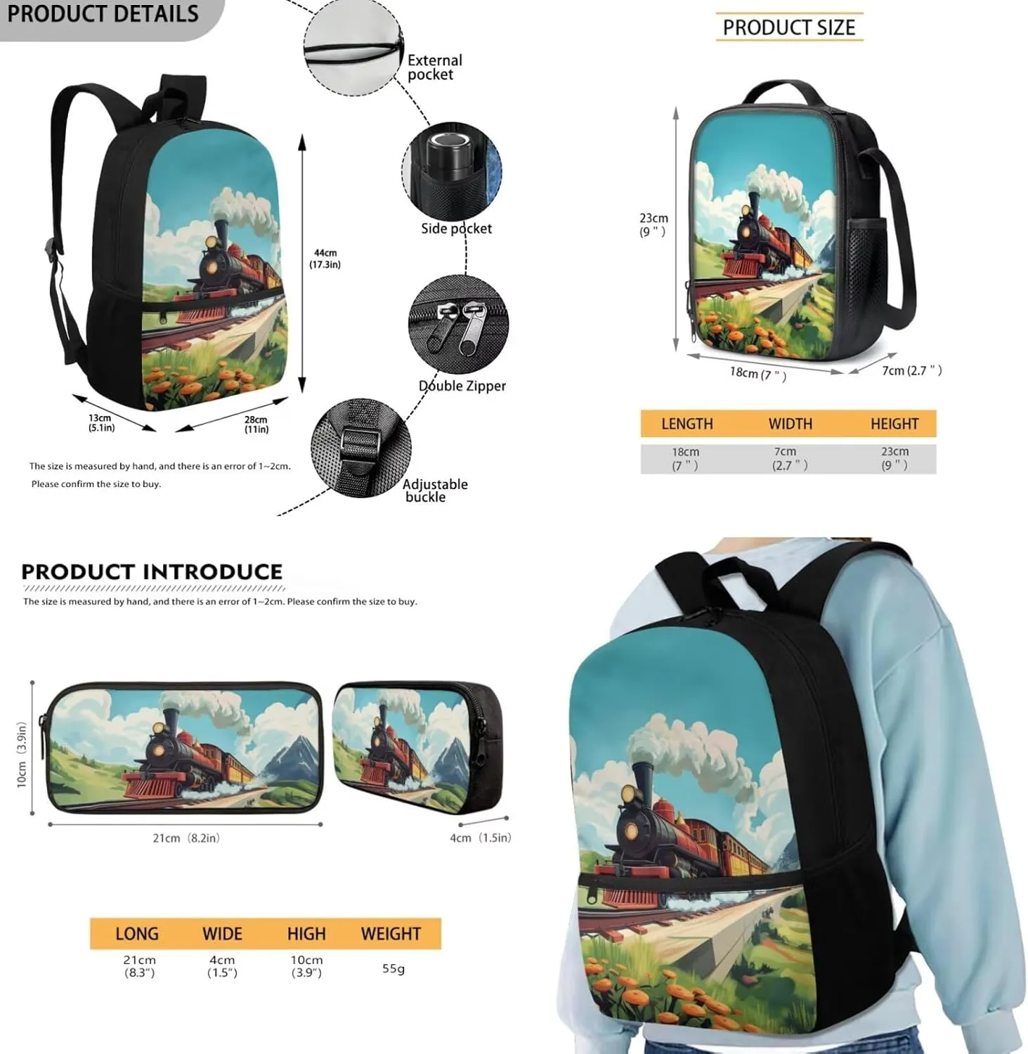 Train Backpack for Boys Cool Lightweight Insulated Lunch Bag Kids Versatile 17 Inch Bookbag for Boys 8-12 Personalized Zippered Pencil Case 3 in 1
