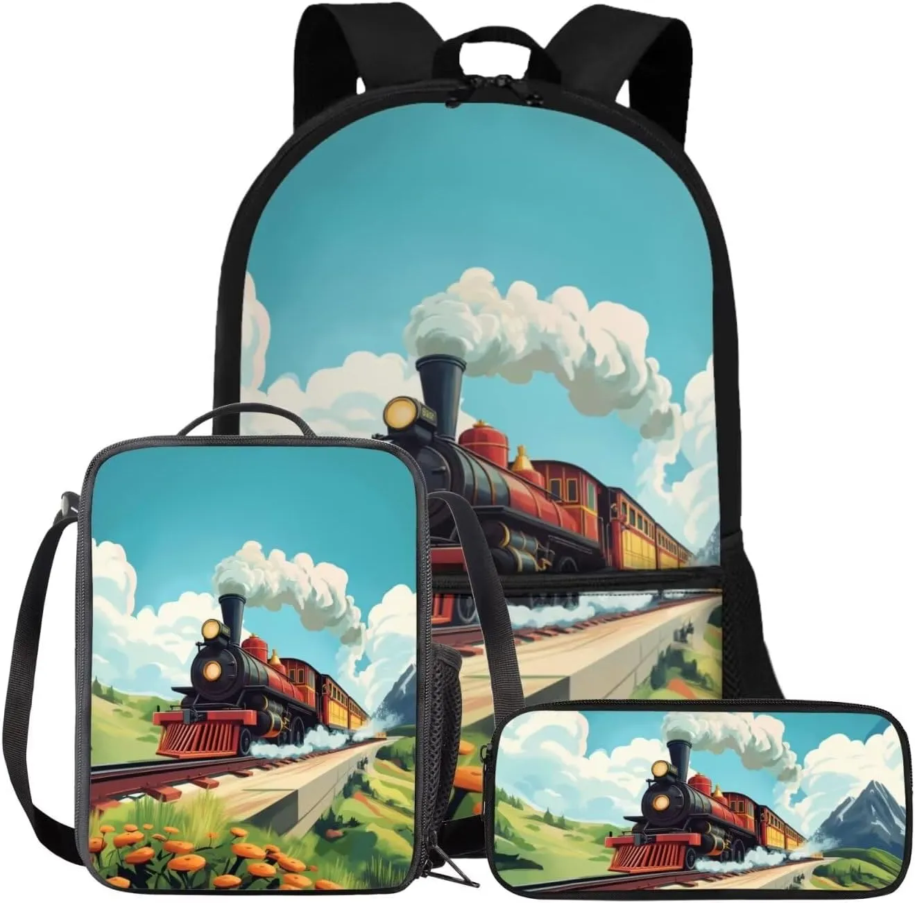 Train Backpack for Boys Cool Lightweight Insulated Lunch Bag Kids Versatile 17 Inch Bookbag for Boys 8-12 Personalized Zippered Pencil Case 3 in 1