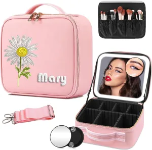 Travel Makeup Bag with LED Mirror - Personalized Makeup Bag with Name & Birth Flower Portable Cosmetic Case Custom Bags Gift for Girlfriend Wife Mom Bestie Gift (Light pink)