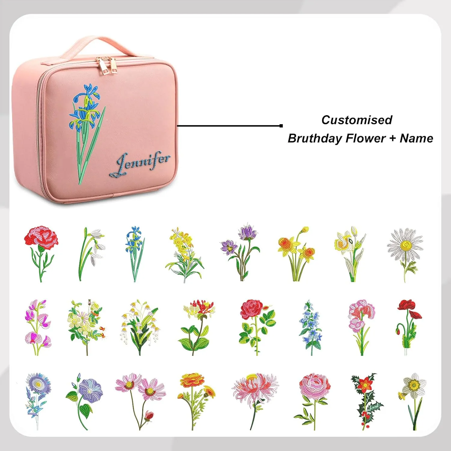 Travel Makeup Bag with LED Mirror - Personalized Makeup Bag with Name & Birth Flower Portable Cosmetic Case Custom Bags Gift for Girlfriend Wife Mom Bestie Gift (Light pink)