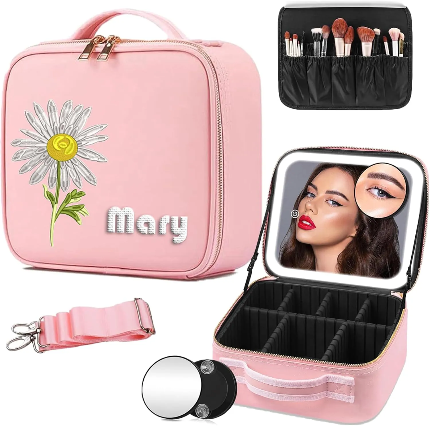 Travel Makeup Bag with LED Mirror - Personalized Makeup Bag with Name & Birth Flower Portable Cosmetic Case Custom Bags Gift for Girlfriend Wife Mom Bestie Gift (Light pink)