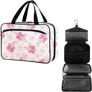 Travel Toiletry Bag for Woman/Men, Daisy Flower Bow Pencil Light Pink Hanging Organizer Bag with Pockets Portable Folding Travel Case Bags for Makeup Cosmetic Toiletries Storage Traveling-M