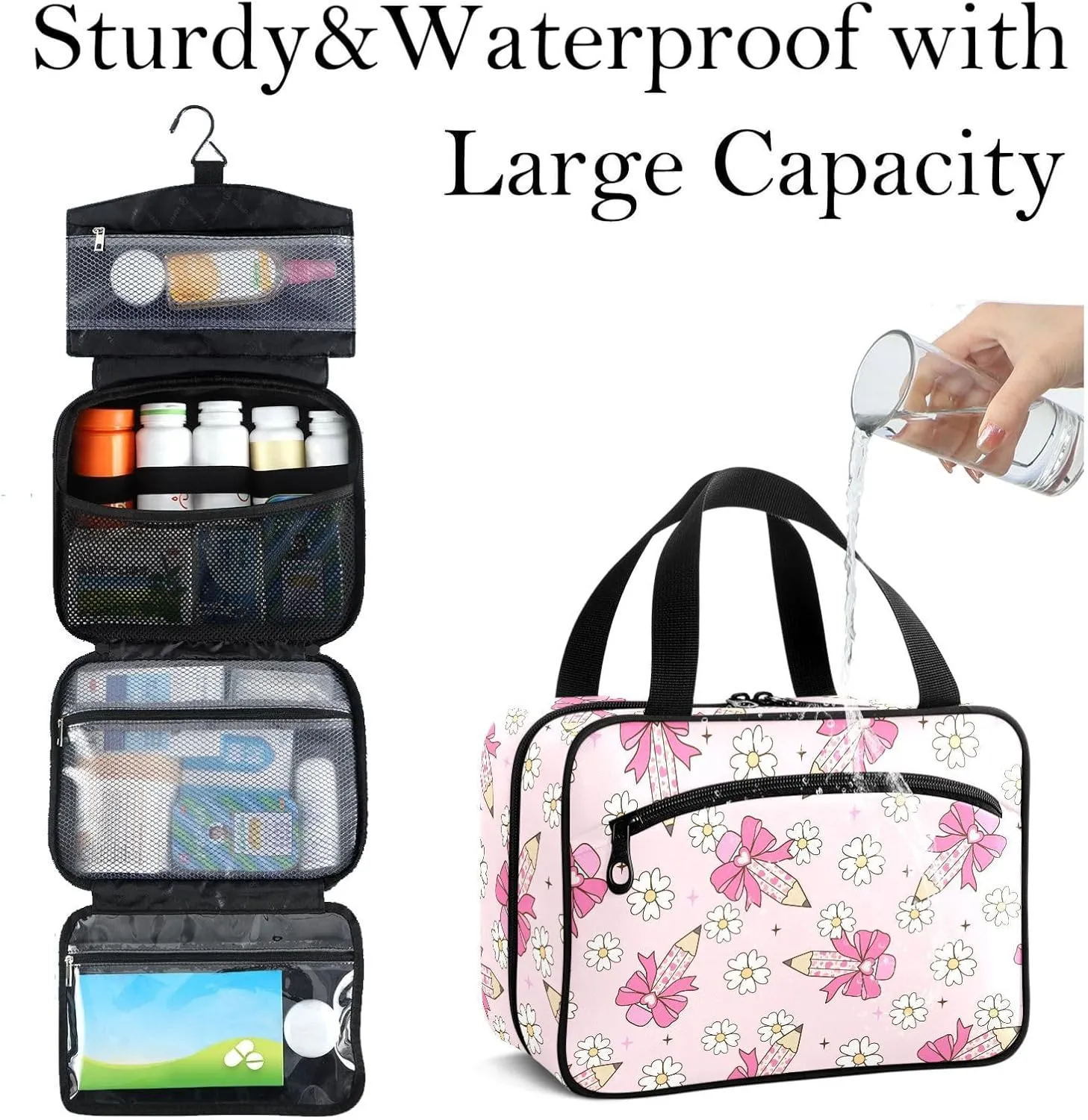 Travel Toiletry Bag for Woman/Men, Daisy Flower Bow Pencil Light Pink Hanging Organizer Bag with Pockets Portable Folding Travel Case Bags for Makeup Cosmetic Toiletries Storage Traveling-M