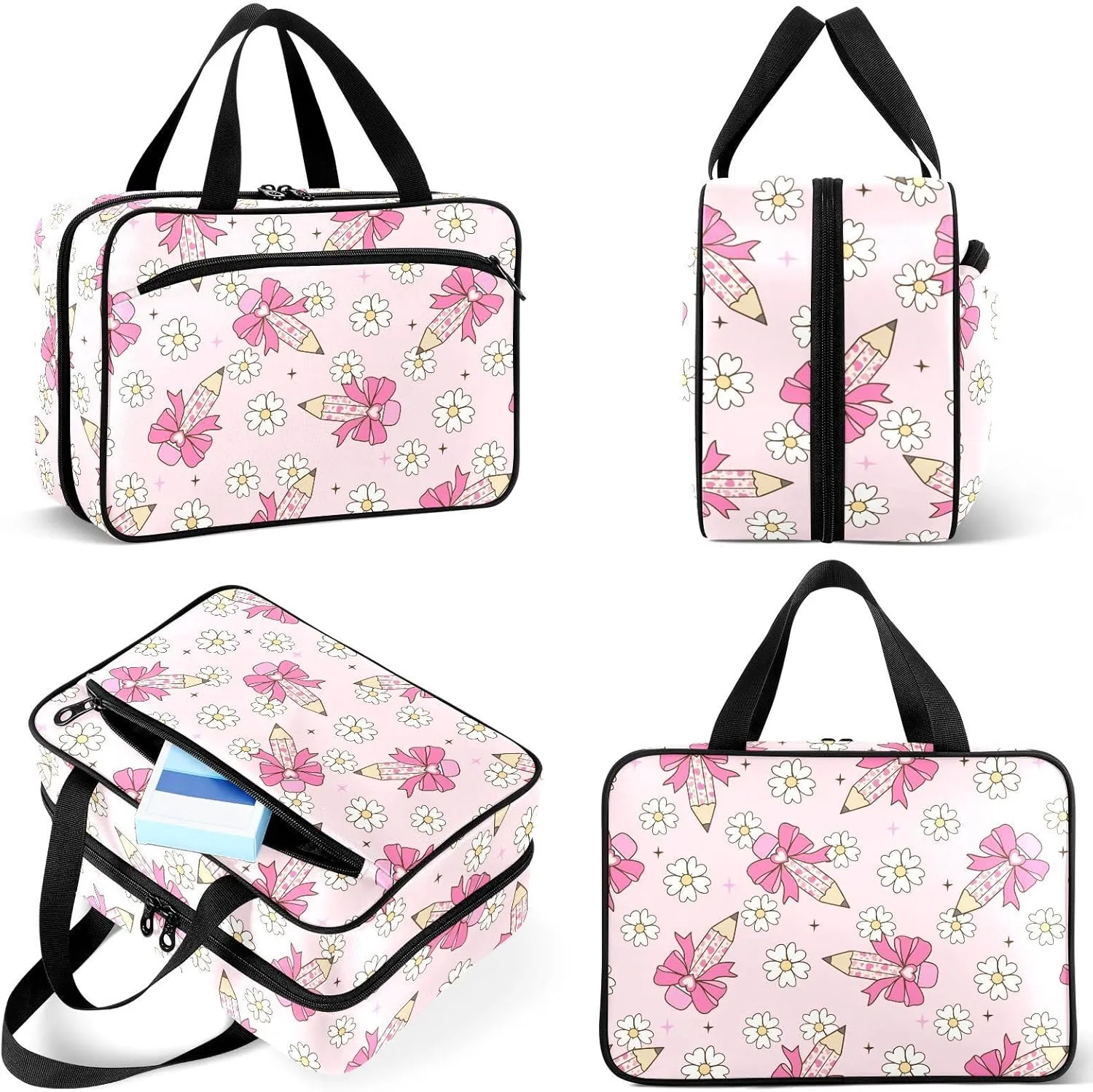 Travel Toiletry Bag for Woman/Men, Daisy Flower Bow Pencil Light Pink Hanging Organizer Bag with Pockets Portable Folding Travel Case Bags for Makeup Cosmetic Toiletries Storage Traveling-M