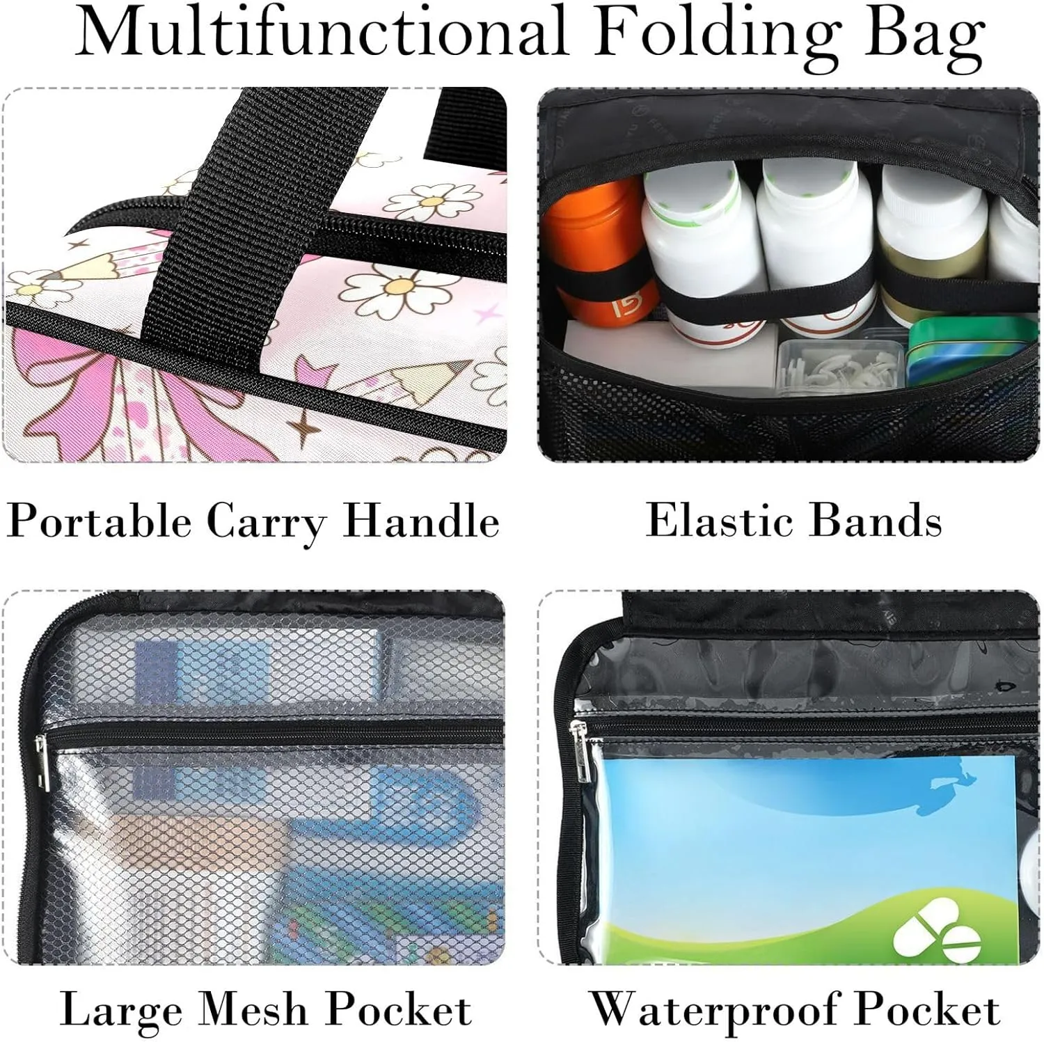 Travel Toiletry Bag for Woman/Men, Daisy Flower Bow Pencil Light Pink Hanging Organizer Bag with Pockets Portable Folding Travel Case Bags for Makeup Cosmetic Toiletries Storage Traveling-M