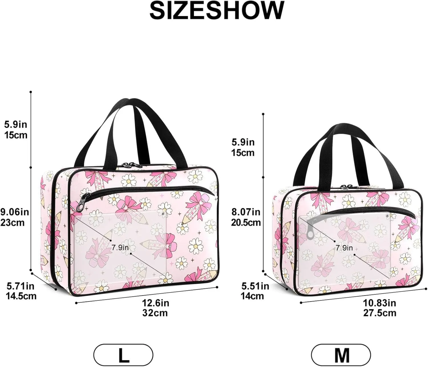 Travel Toiletry Bag for Woman/Men, Daisy Flower Bow Pencil Light Pink Hanging Organizer Bag with Pockets Portable Folding Travel Case Bags for Makeup Cosmetic Toiletries Storage Traveling-M