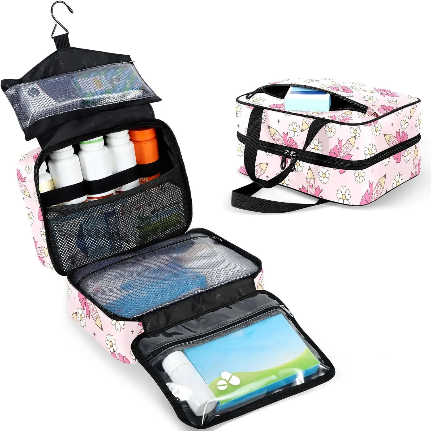 Travel Toiletry Bag for Woman/Men, Daisy Flower Bow Pencil Light Pink Hanging Organizer Bag with Pockets Portable Folding Travel Case Bags for Makeup Cosmetic Toiletries Storage Traveling-M