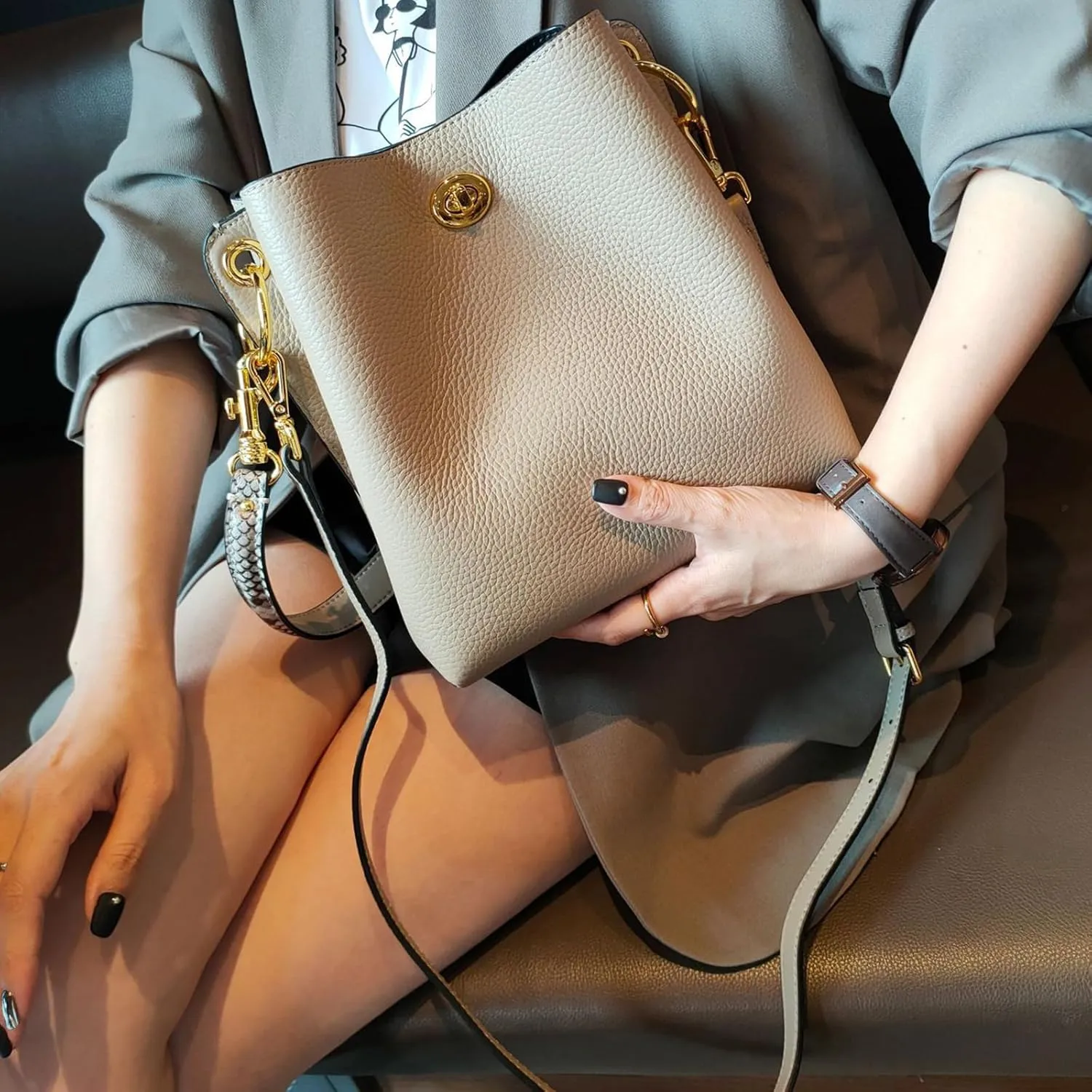 Trendy bucket bag for women,genuine leather shoulder bag,tote,simple and versatile crossbody bag with two straps.Hobo Purse,