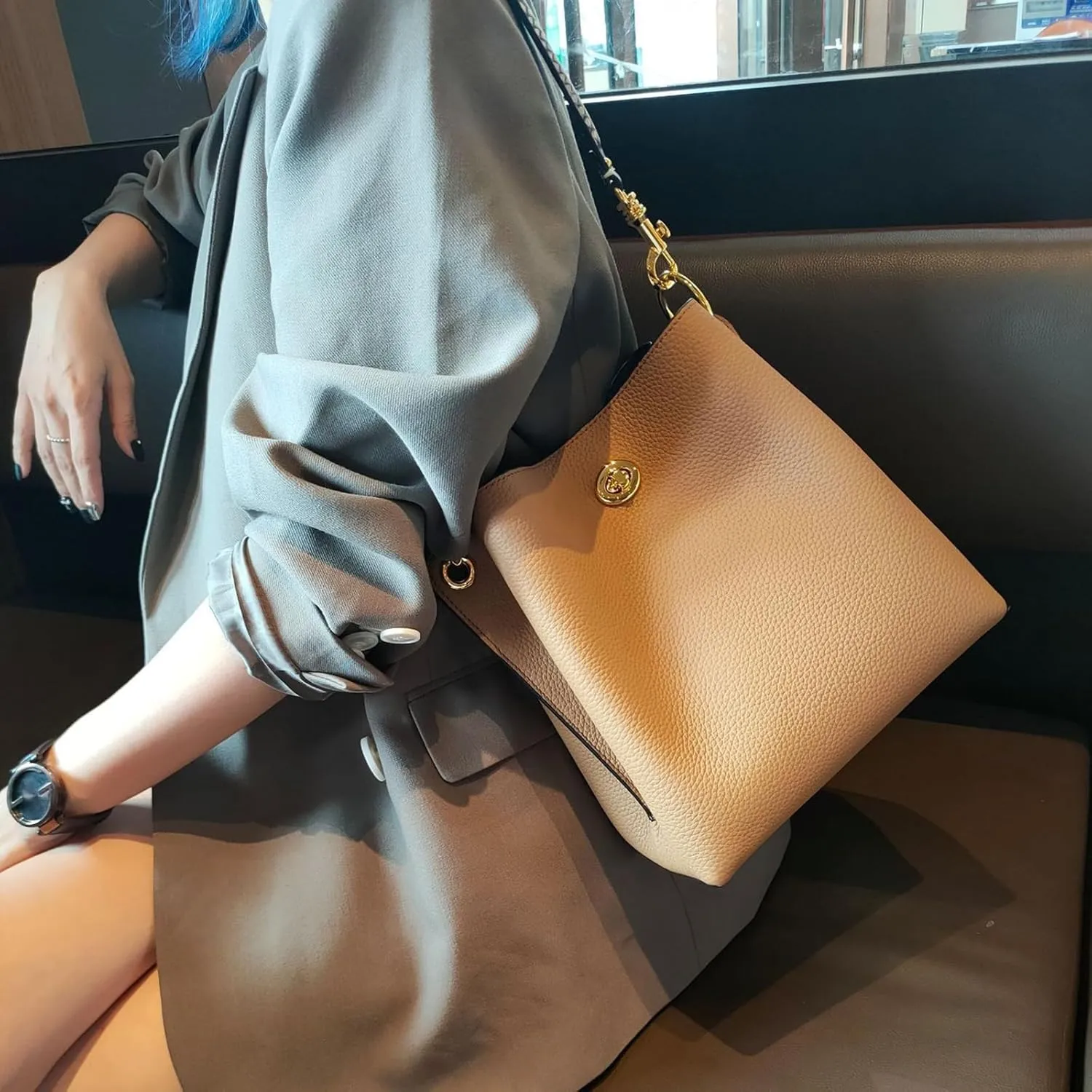 Trendy bucket bag for women,genuine leather shoulder bag,tote,simple and versatile crossbody bag with two straps.Hobo Purse,