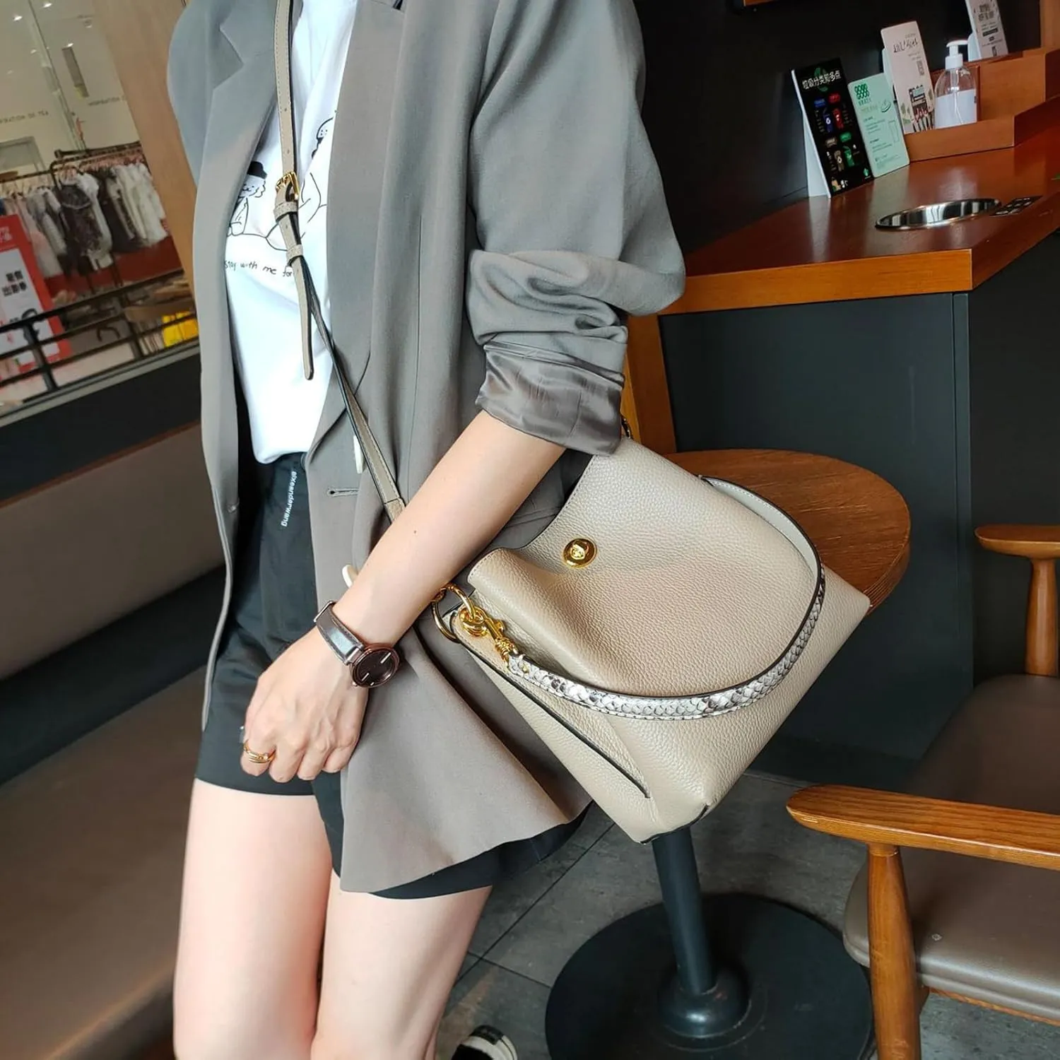 Trendy bucket bag for women,genuine leather shoulder bag,tote,simple and versatile crossbody bag with two straps.Hobo Purse,