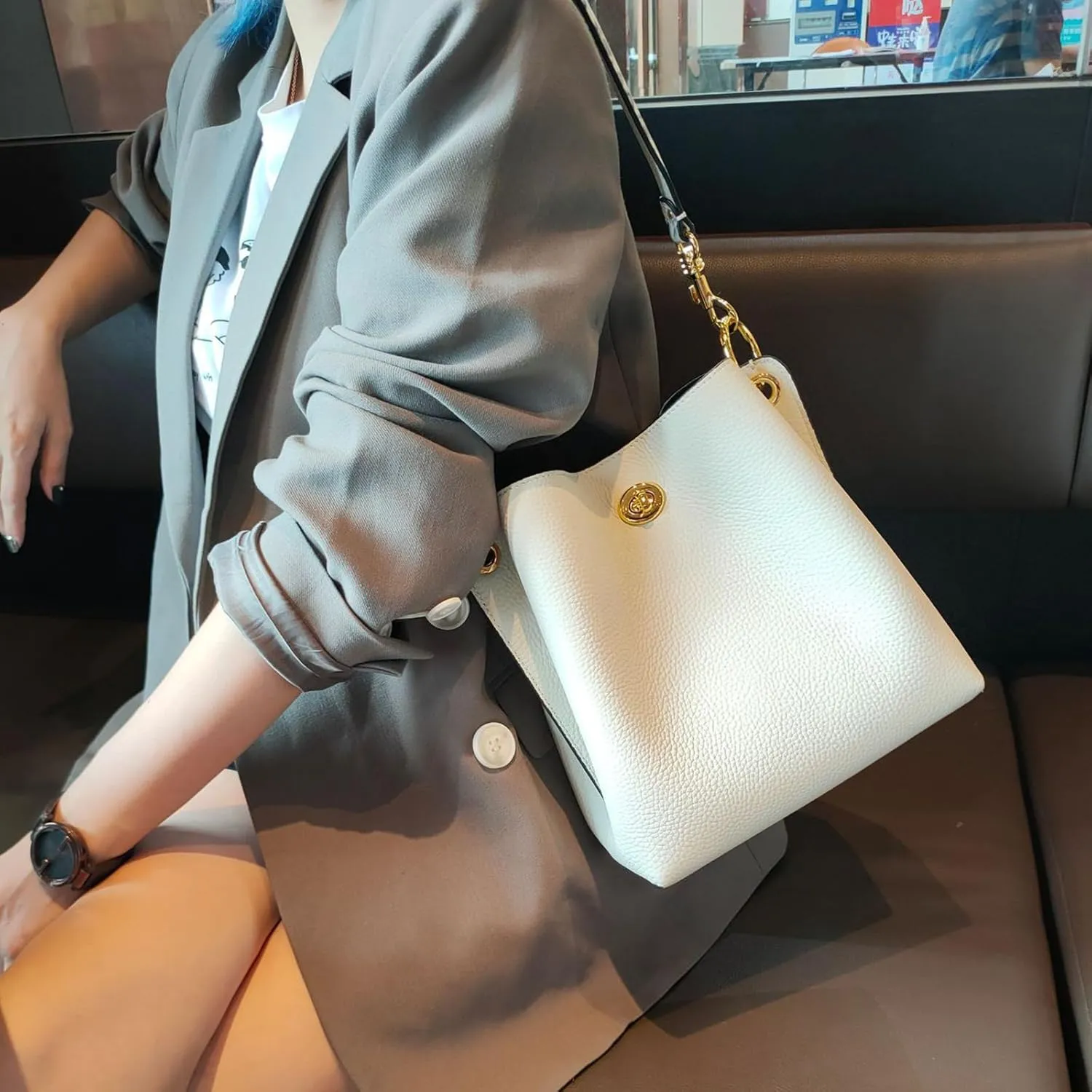 Trendy bucket bag for women,genuine leather shoulder bag,tote,simple and versatile crossbody bag with two straps.Hobo Purse,