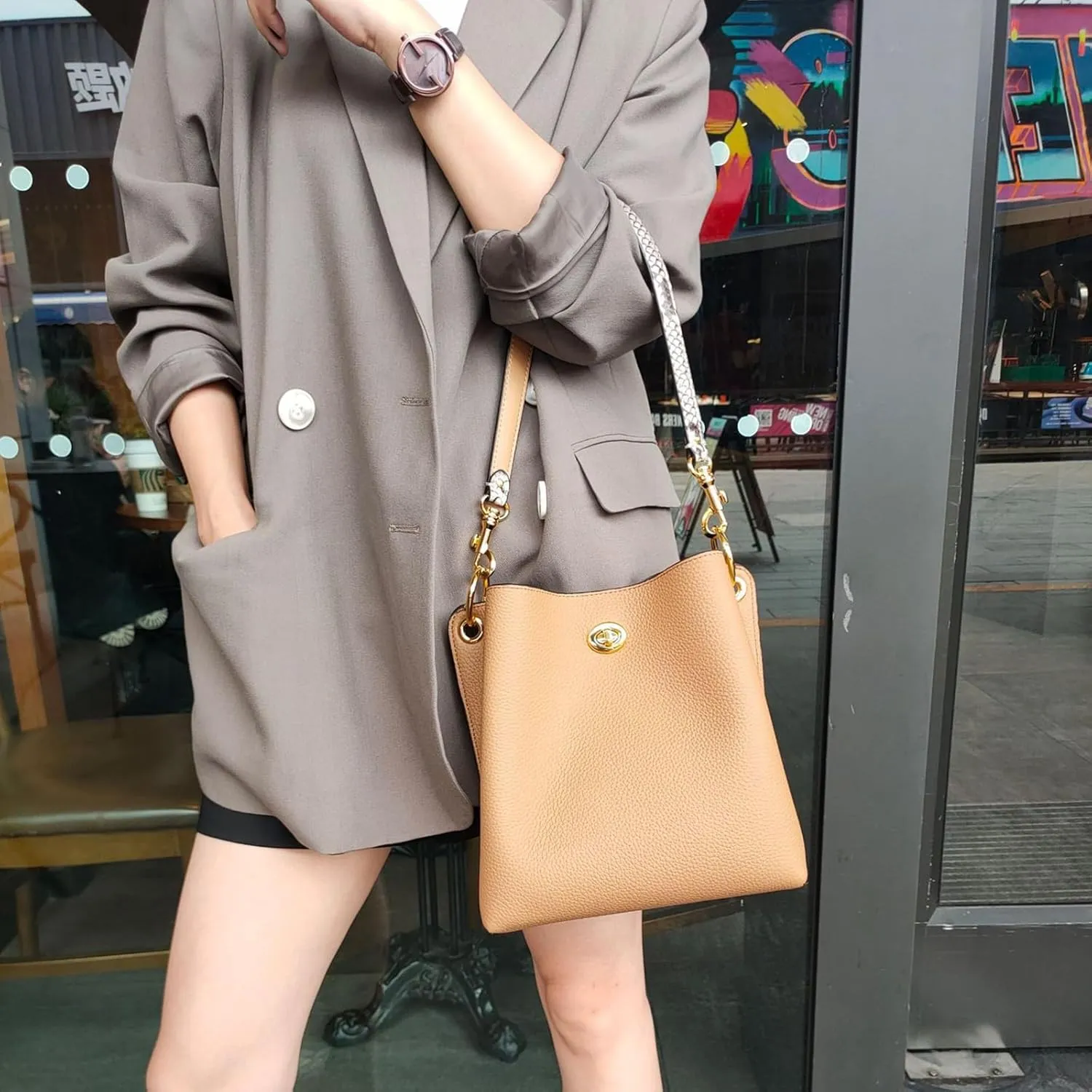 Trendy bucket bag for women,genuine leather shoulder bag,tote,simple and versatile crossbody bag with two straps.Hobo Purse,
