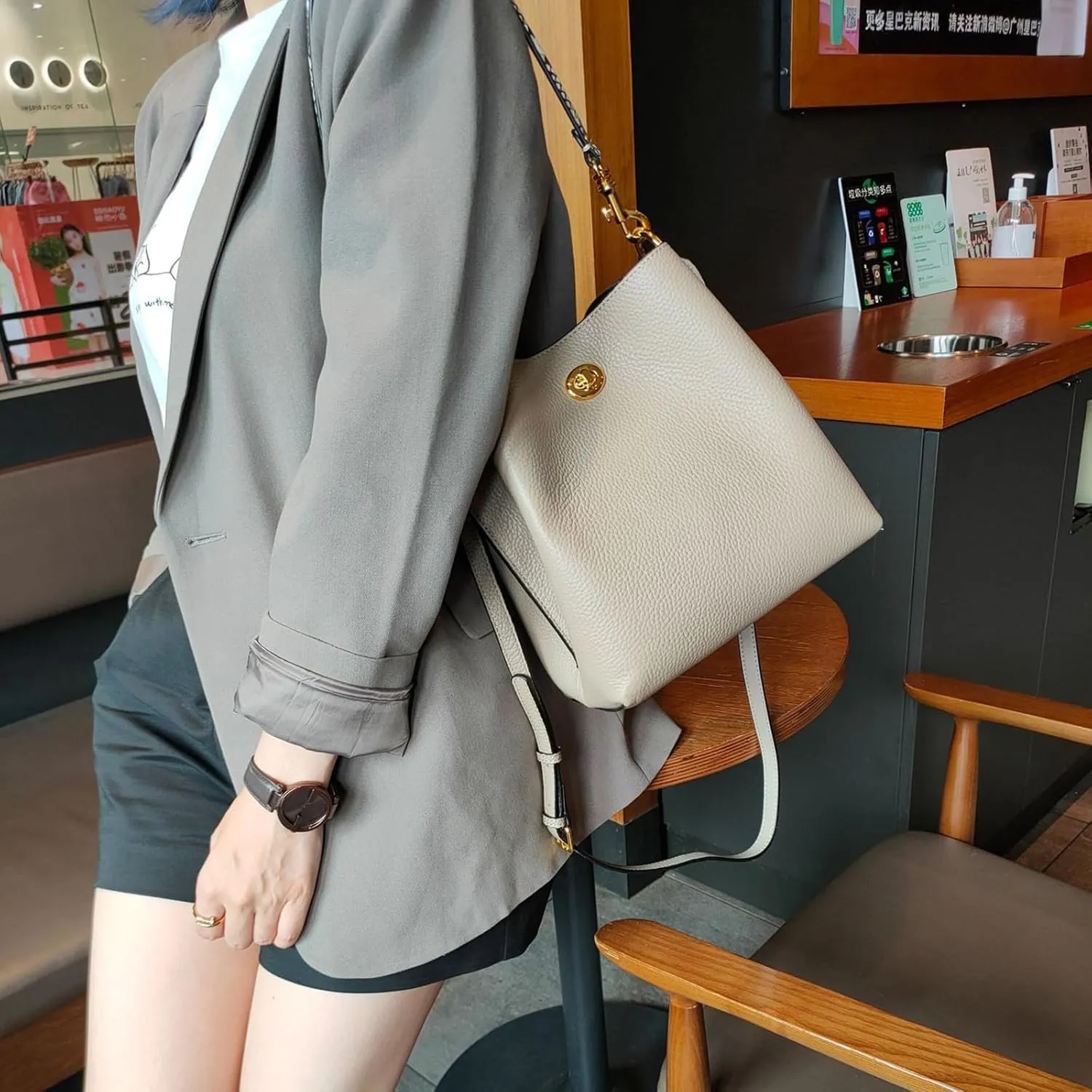 Trendy bucket bag for women,genuine leather shoulder bag,tote,simple and versatile crossbody bag with two straps.Hobo Purse,