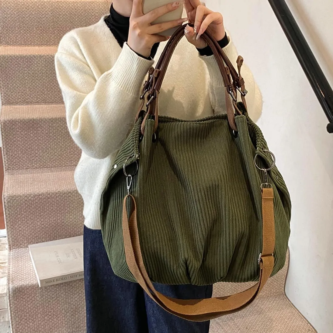 Trendy Corduroy Hobo Bags Women Crescent Crossbody Purse Slouchy Satchels Shoulder Bag Travel Top-handle Tote Handbag