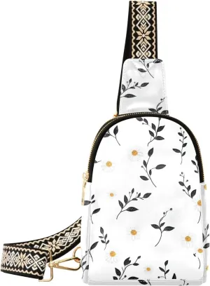 trendy Small Daisies and Leaves White leather fanny pack multipurpose fanny pack crossbody bags for hiking