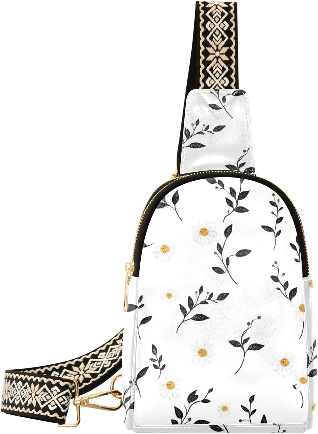 trendy Small Daisies and Leaves White leather fanny pack multipurpose fanny pack crossbody bags for hiking