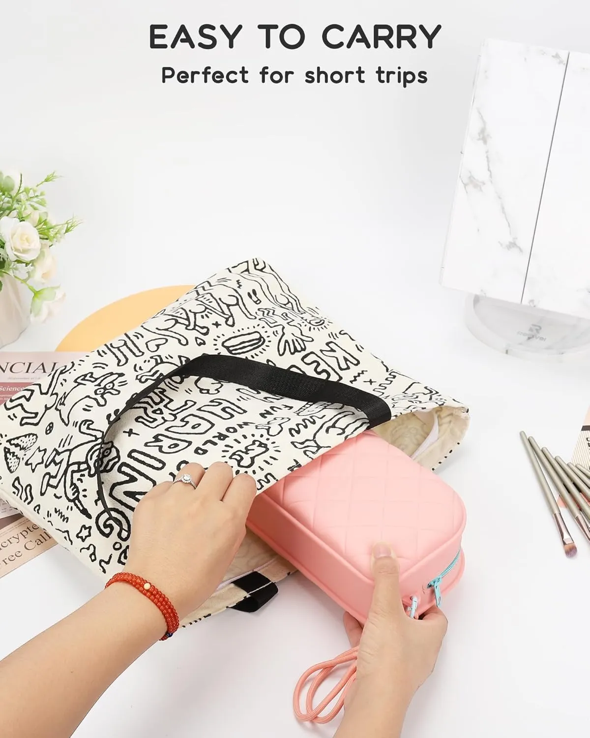Twofold Travel Makeup Bag, Silicone Makeup Bag, Waterproof Toiletry Cosmetic Bag for Women, Cute Makeup Organizer Versatile Zipper Pouch, Pink