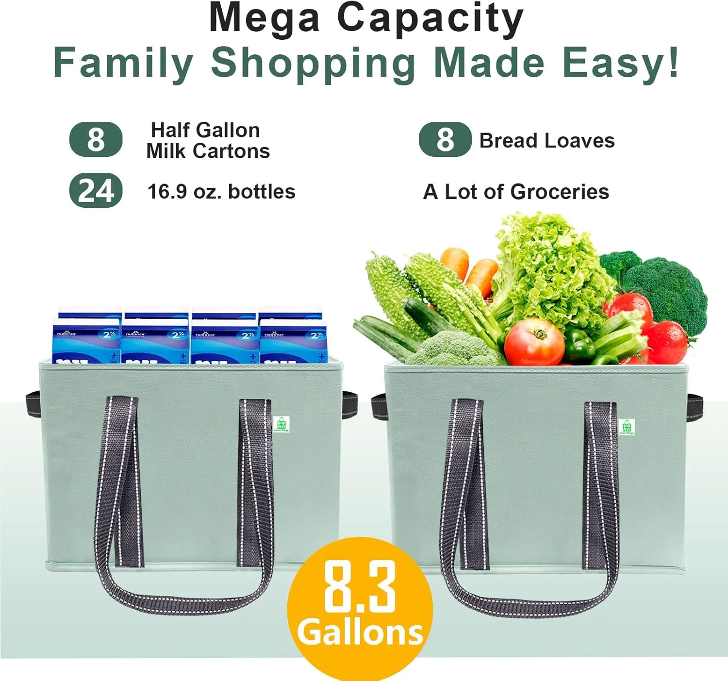 VENO 2 Pack 8 Gallon Reusable Grocery Bags, Shopping Bags for groceries, Extra Large Utility Tote with Handles and Hard Bottom, Foldable Cart Organizer, Water Resistant, Heavy-Duty (Light Green)