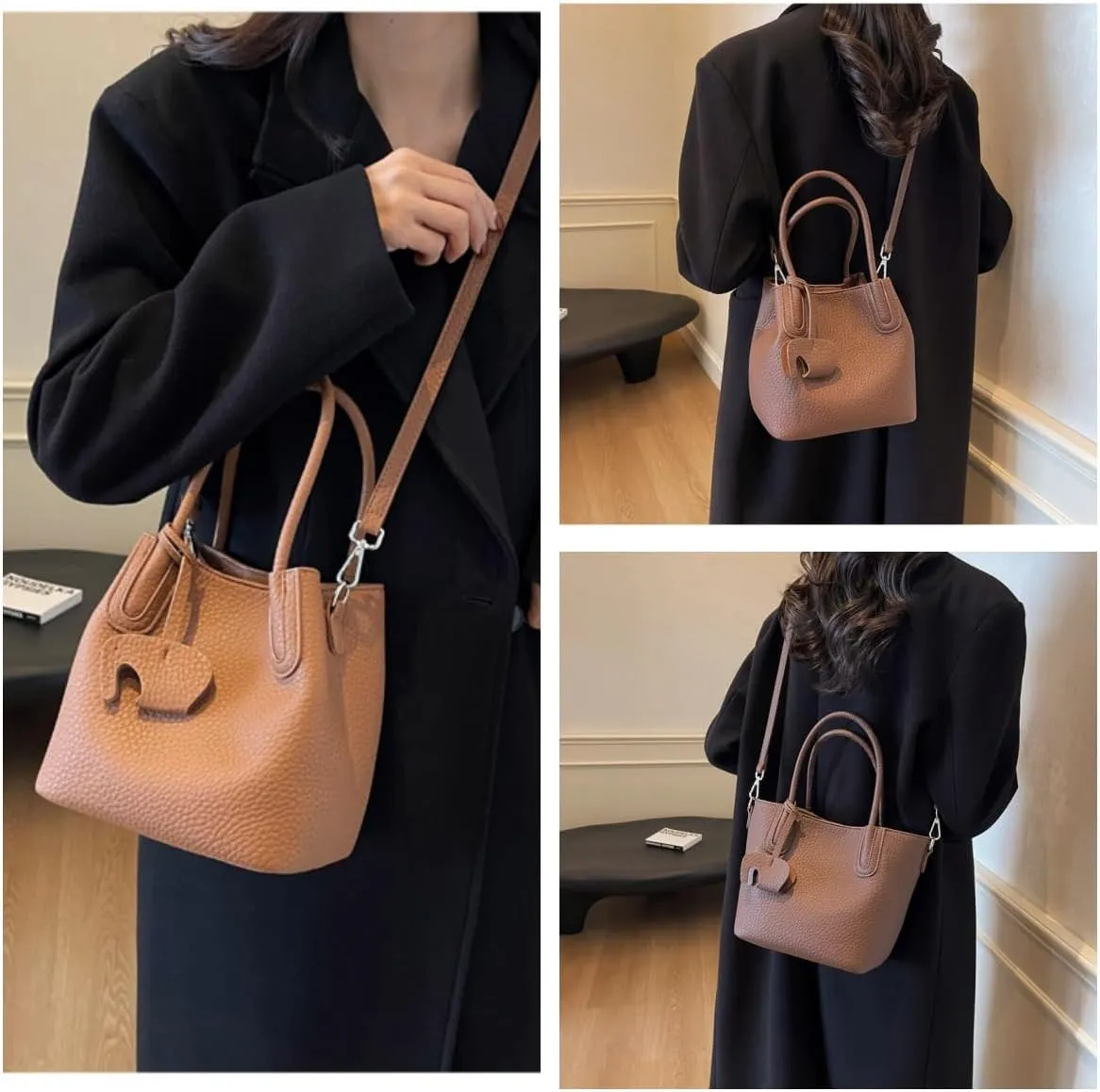 Versatile PU Leather Bucket Bag for Women  Small Crossbody Purse with Top Handle, Lightweight Shoulder Bag for Daily Use